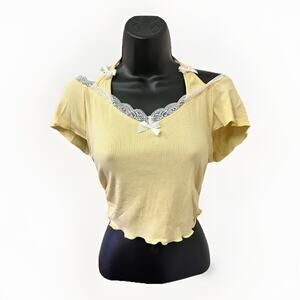 SHEIN Yellow Ribbed Lace Trim Bow Baby Tee Top NWT Size Medium Y2K Cute